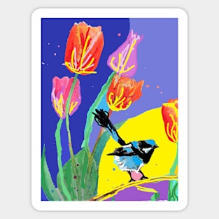 Abstract Blue Wren and Tulips Painting - on Multicoloured Sticker